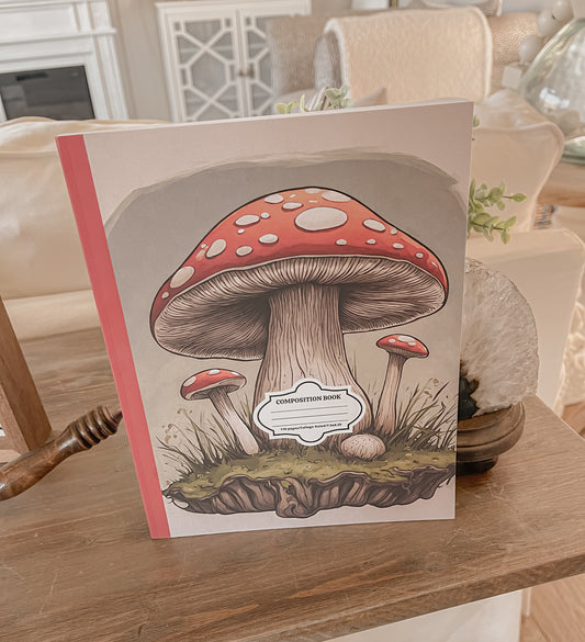 Composition Notebook: College Ruled Notebook with Cute Denik Mushroom 7.5" x 9.25", 110 pages, perfect gift idea for students, office workers, art and nature lovers.  See description for discount.