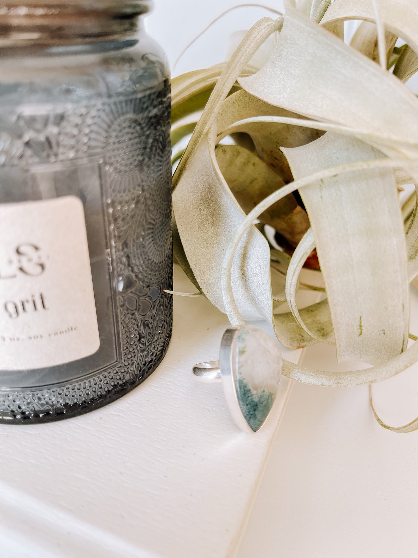 Natural Green Moss Agate Ring -Sterling Silver plated