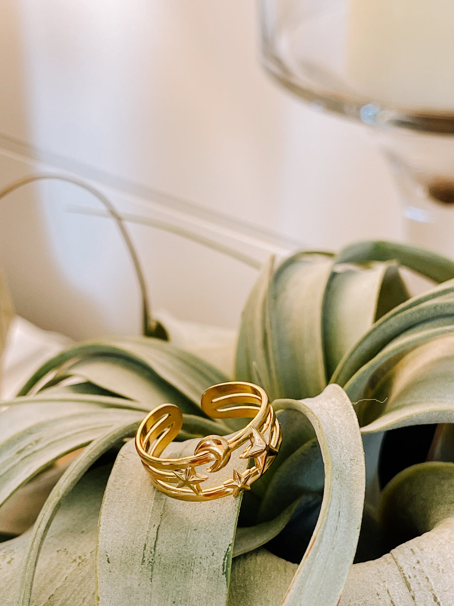 Adjustable Stainless Steel Gold Moon and Star Ring