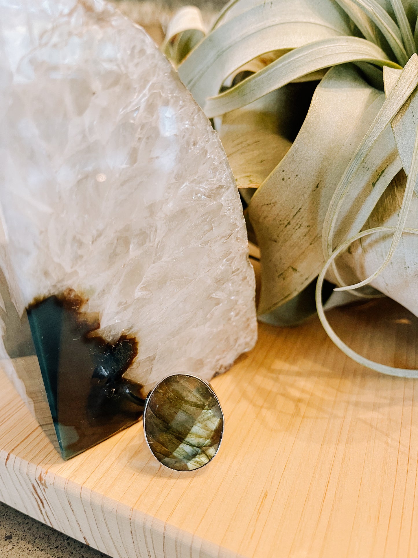 Natural Labradorite Gemstone Ring - Sterling Silver Plated