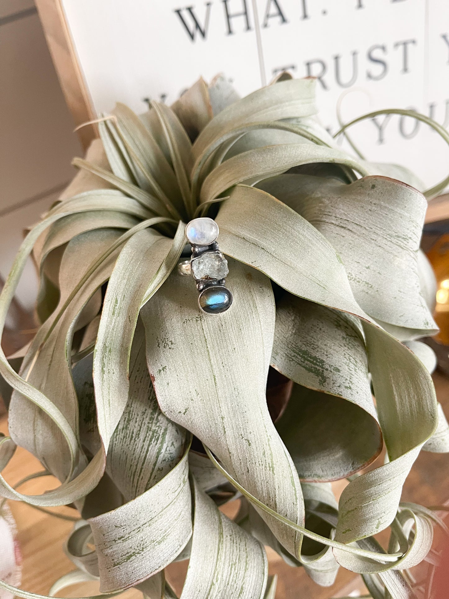 Moonstone, Labradorite and Aquamarine Sterling Silver Pinky or Midi Ring