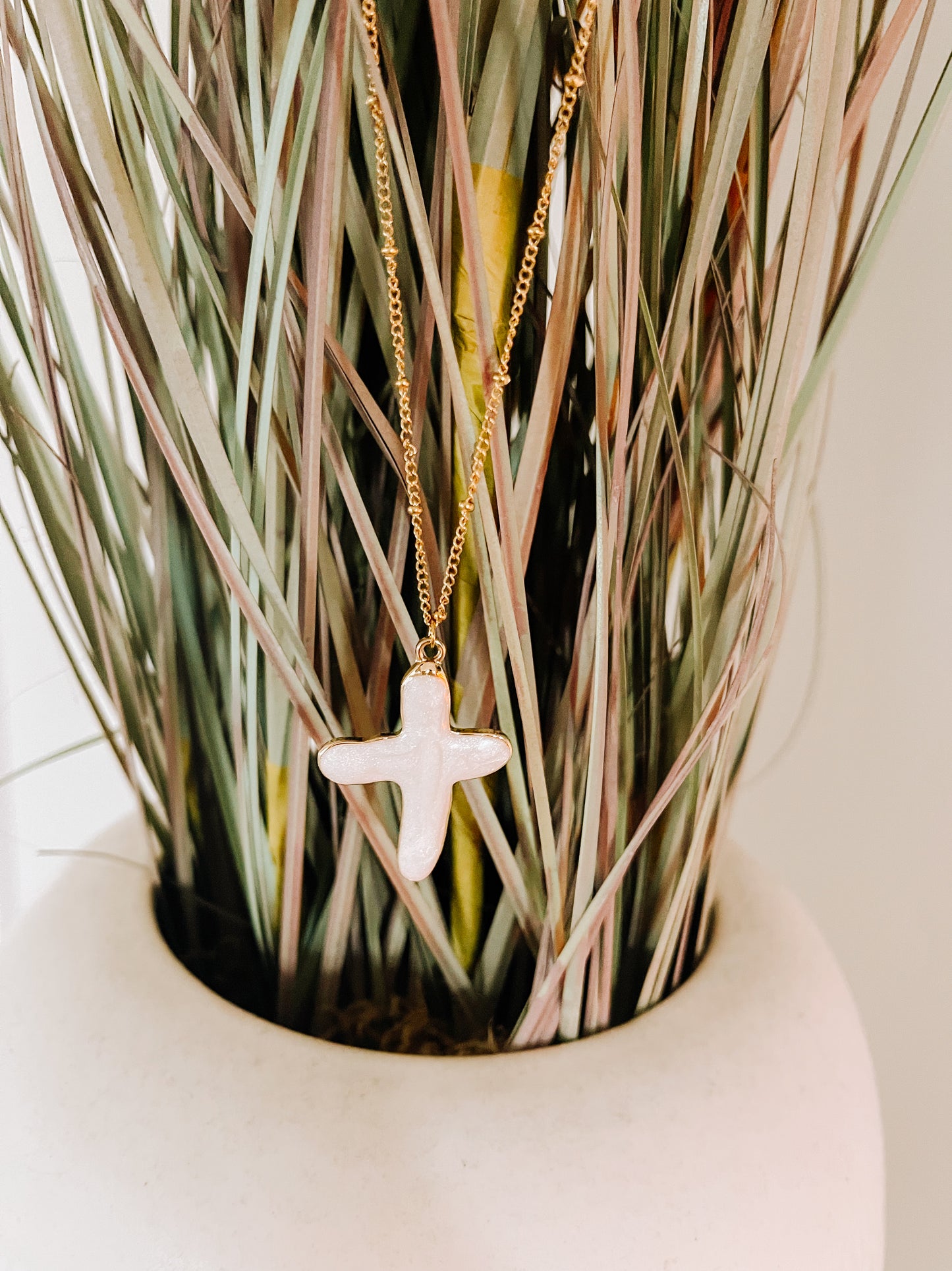 Faux Pearl Cross Pendant Necklace