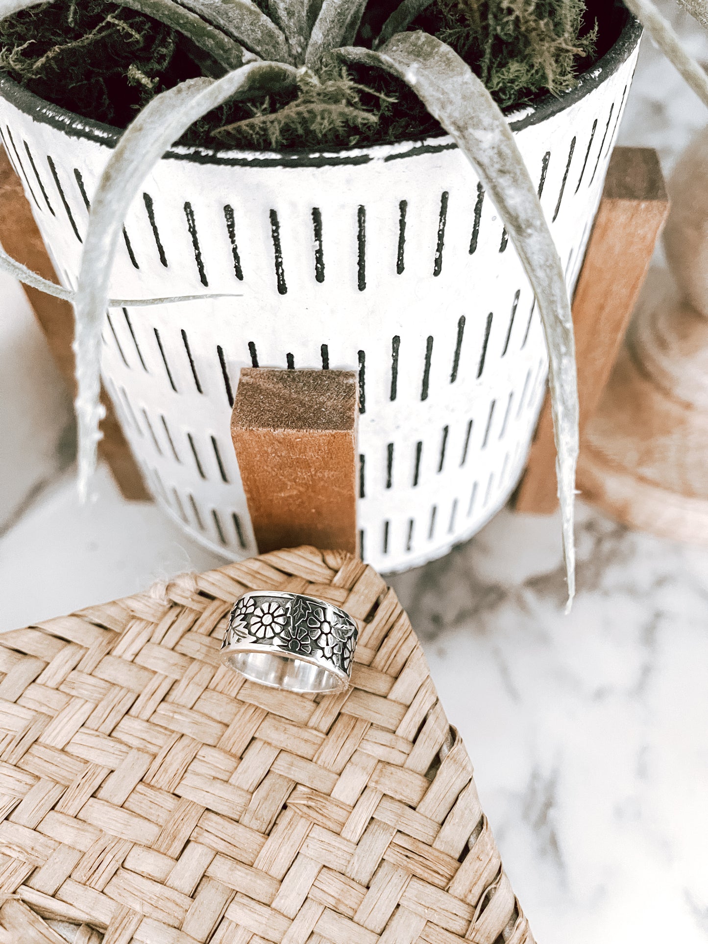 Sterling Silver Floral Wide Band