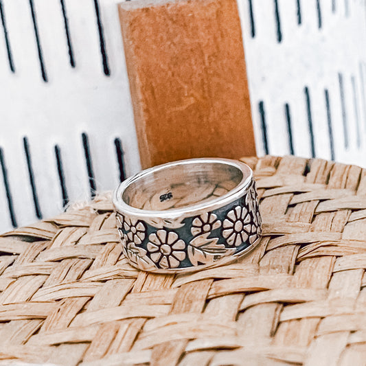 Sterling Silver Floral Wide Band