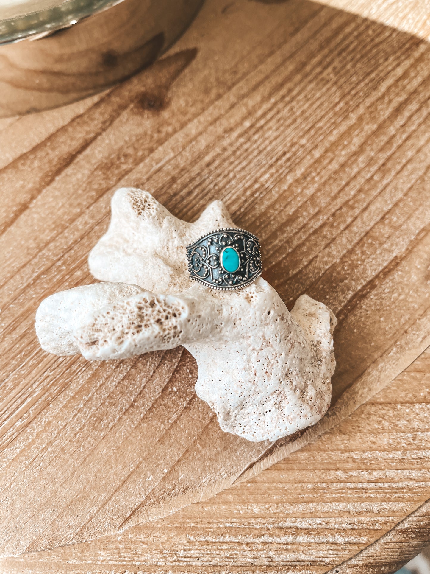 Bali Wide Band Sterling Silver Ring with a small Turquoise Stone