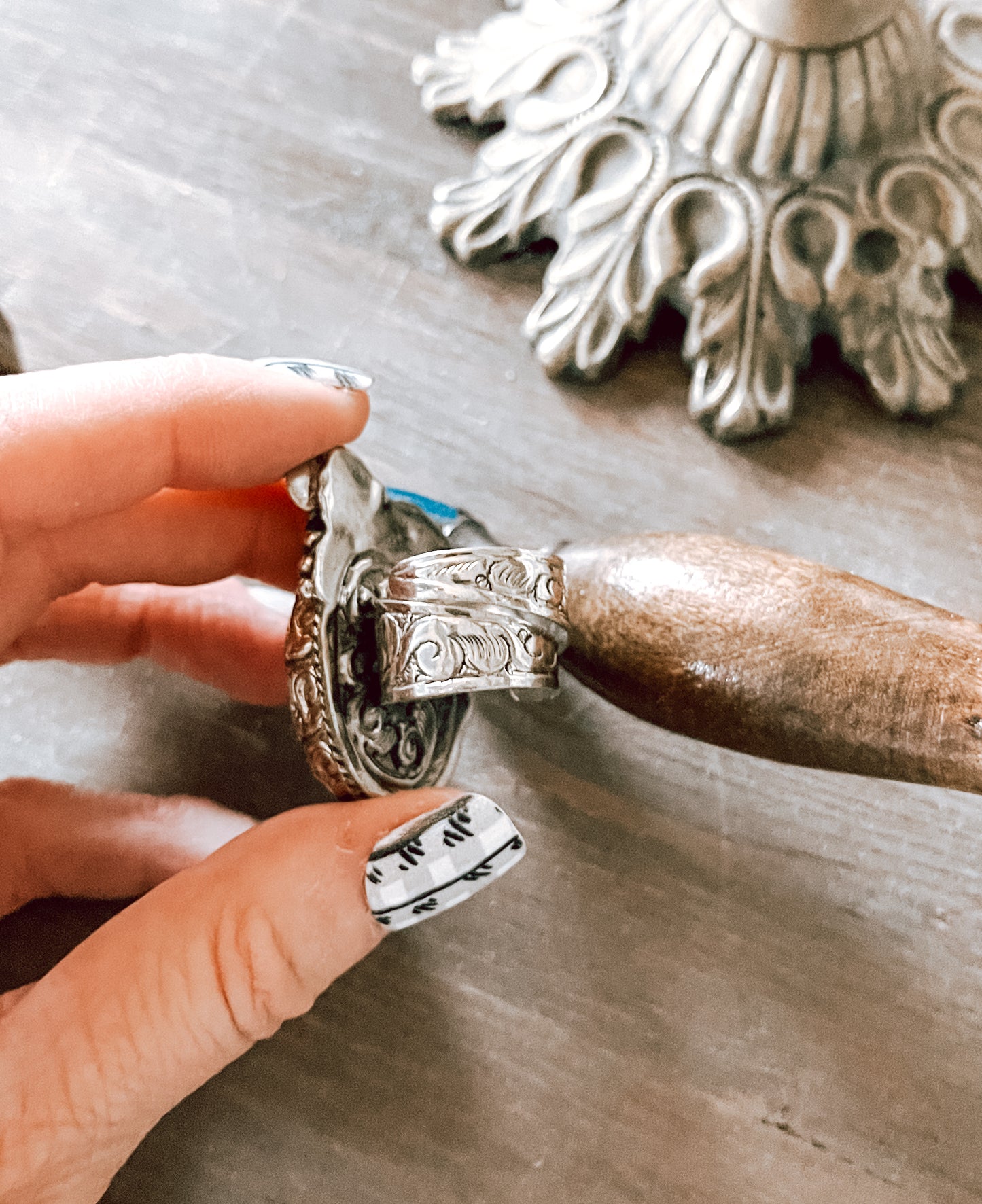 Fossilized Crinoid German Silver Ring - Adjustable in Size