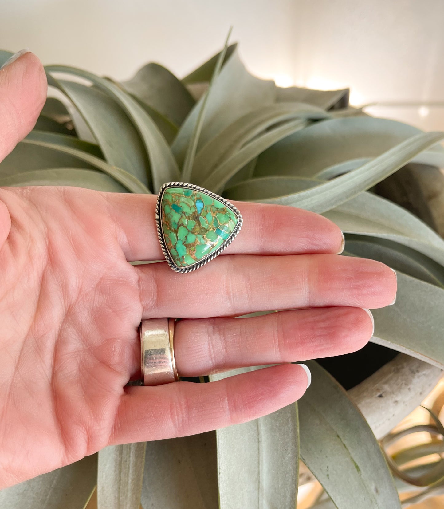 Triangle Green Copper Turquoise Sterling Silver Ring