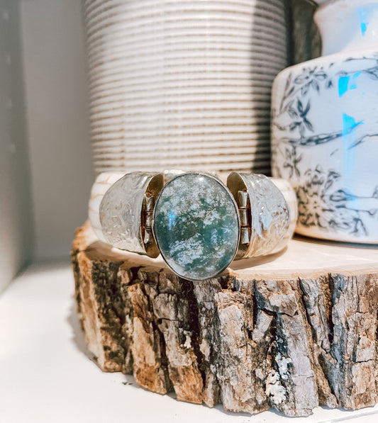 Vintage Boho Bone Hinged Bracelet with a Large Stone and Pull Pin Closure