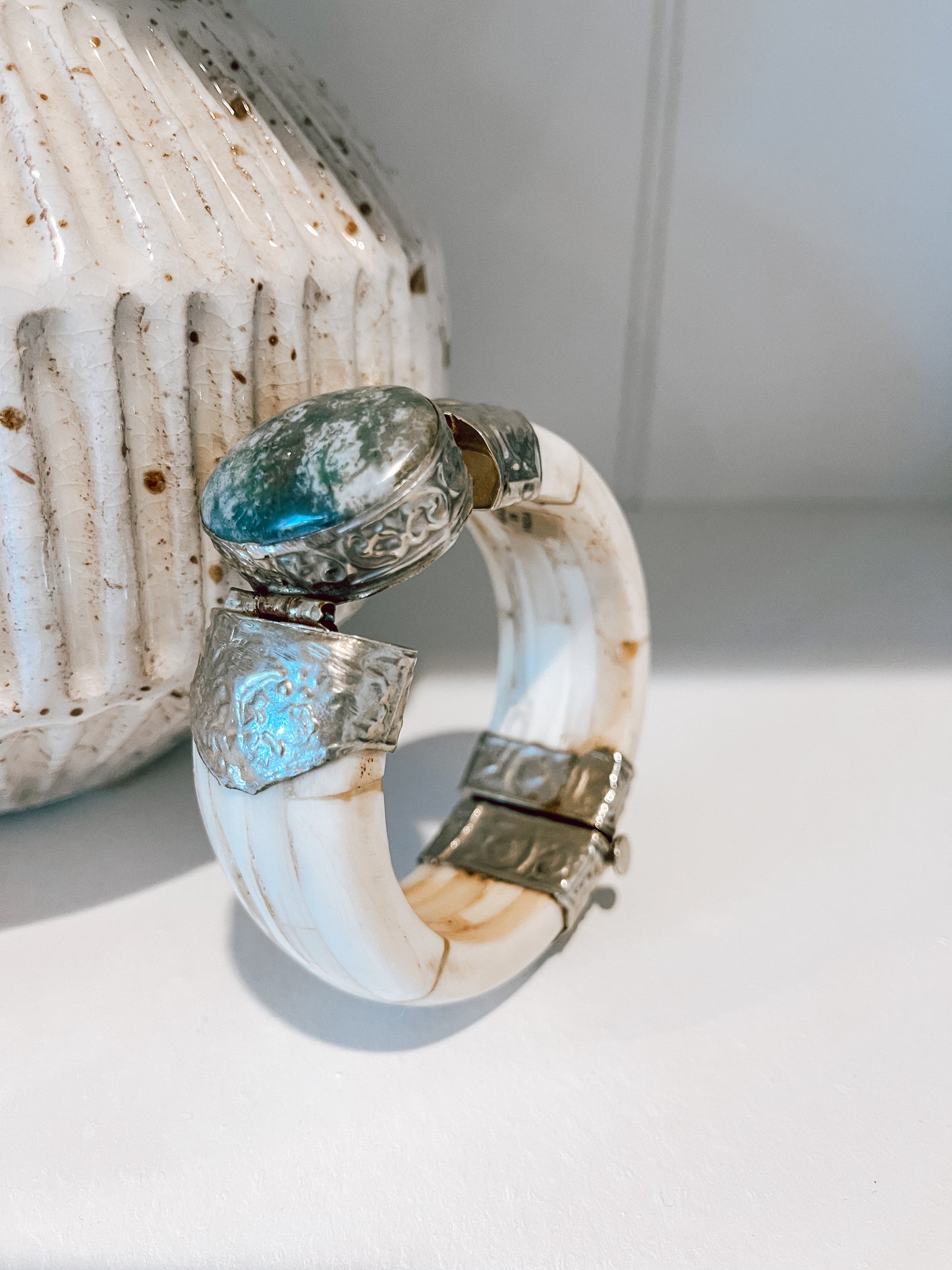 Vintage Boho Bone Hinged Bracelet with a Large Stone and Pull Pin Closure