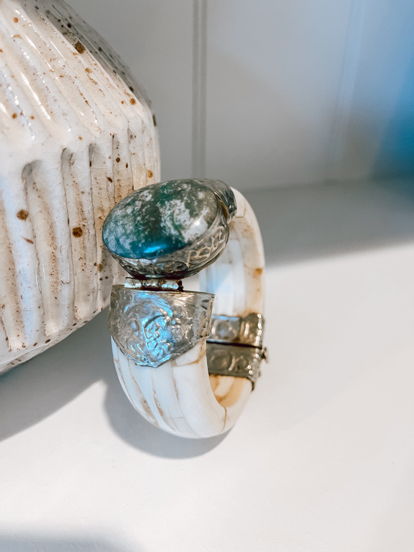 Vintage Boho Bone Hinged Bracelet with a Large Stone and Pull Pin Closure