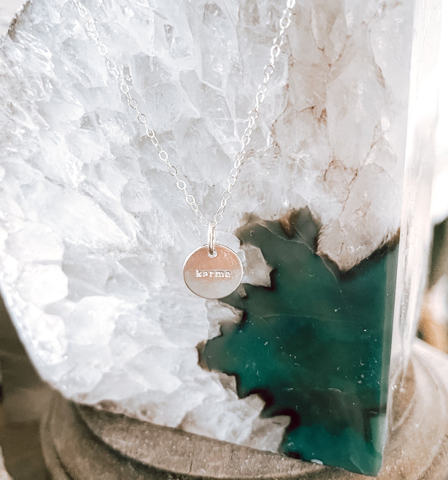 Sterling Silver Round Engraved "karma" necklace