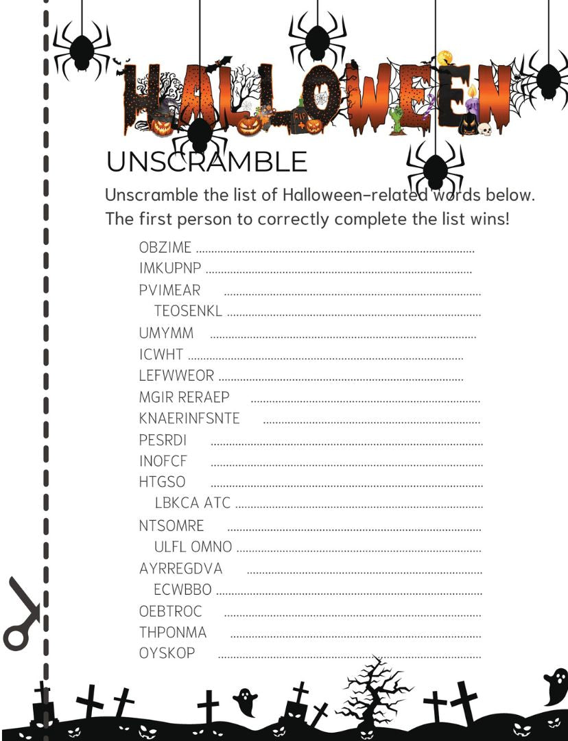 Halloween Party Games for Adults, Teens and Kids - 6 Different Halloween Themed Games and Challenges (10 prints of each game ready to be cut) - Up to 10 Players - Fun School Activity