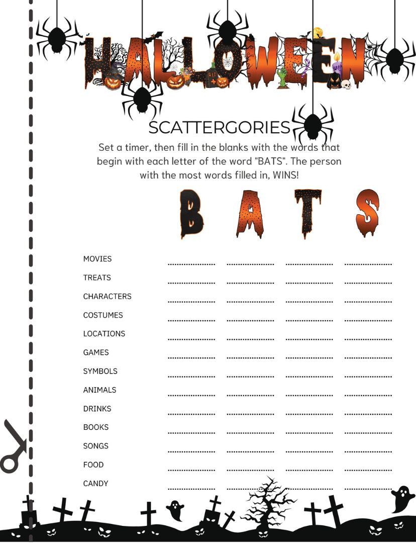 Halloween Party Games for Adults, Teens and Kids - 6 Different Halloween Themed Games and Challenges (10 prints of each game ready to be cut) - Up to 10 Players - Fun School Activity