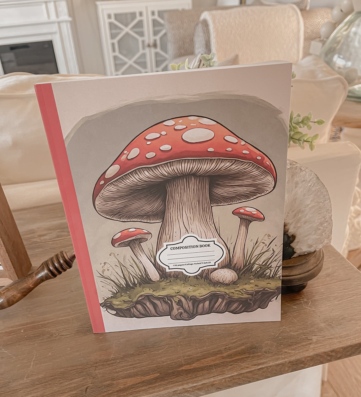 Composition Notebook: College Ruled Notebook with Cute Denik Mushroom 7.5" x 9.25", 110 pages, perfect gift idea for students, office workers, art and nature lovers.  See description for discount.