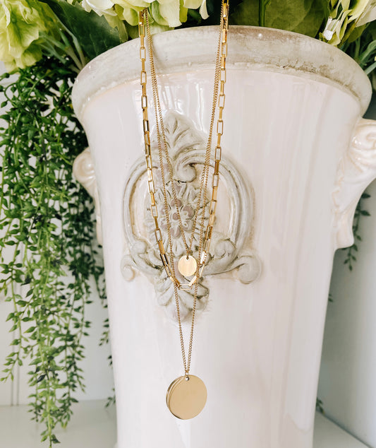 Layered Round Pendants and Chain Necklace - 18k Gold-plated Stainless Steel