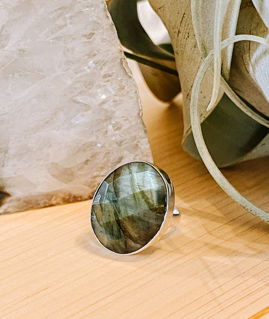 Natural Labradorite Gemstone Ring - Sterling Silver Plated