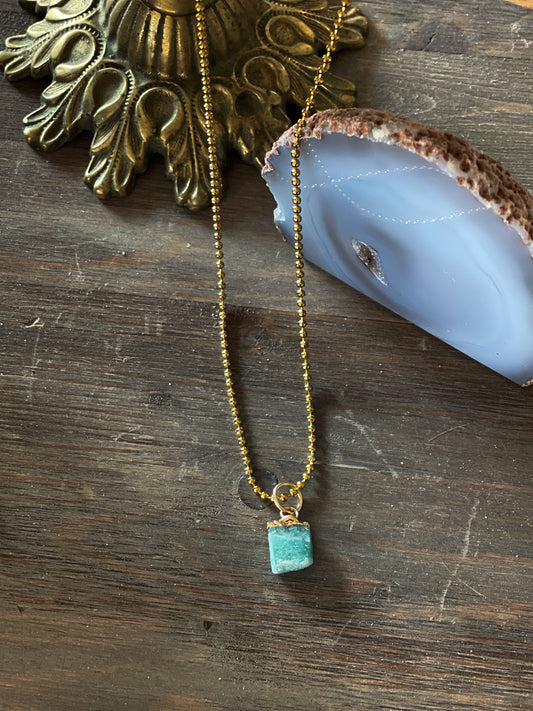 18K Gold Plated Stainless Steel Ball Chain Necklace with Natural Stone Amazonite Pendant