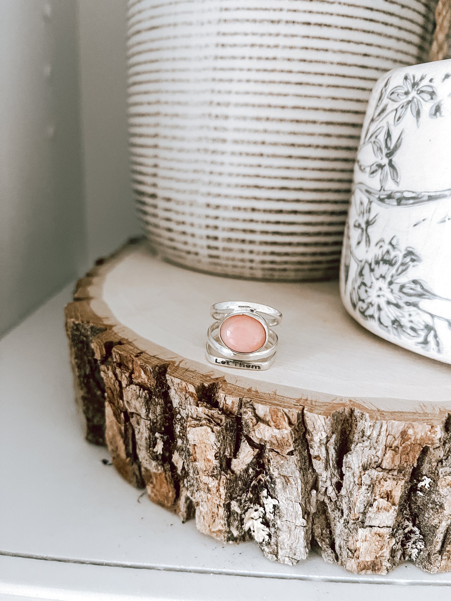 Sterling Silver Pink Opal Engraved "Let Them" Ring