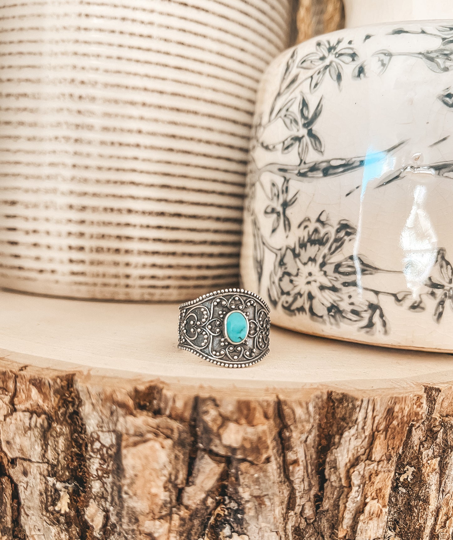 Bali Wide Band Sterling Silver Ring with a small Turquoise Stone