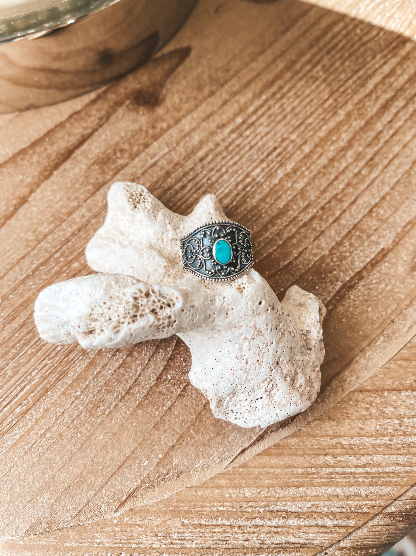 Bali Wide Band Sterling Silver Ring with a small Turquoise Stone