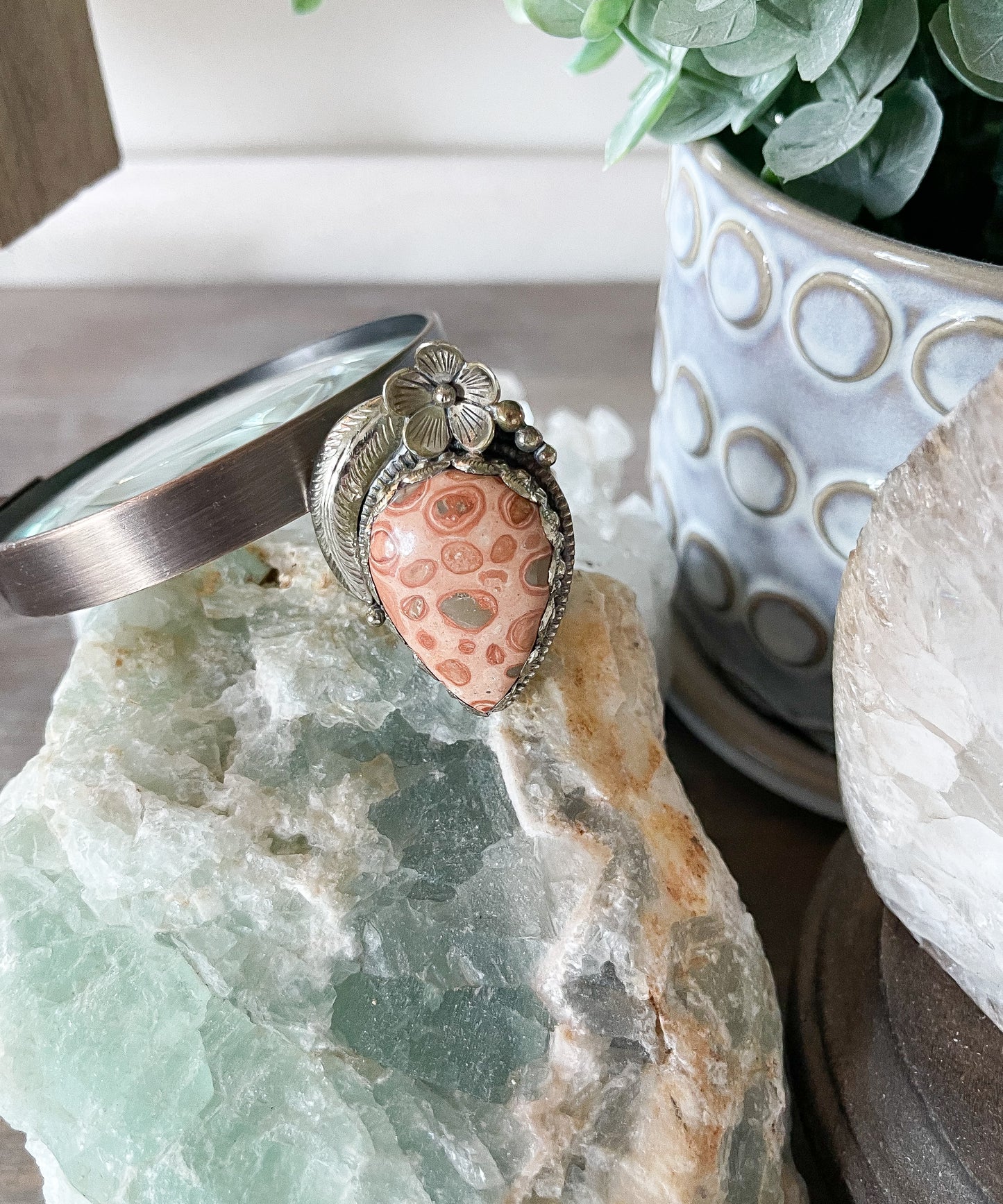 Agatized Coral German Silver RIng - adjustable in size