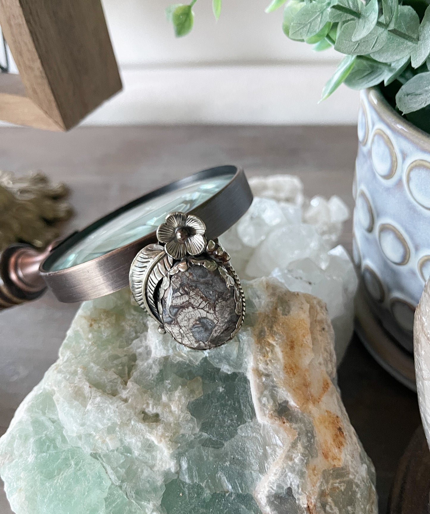 Fossilized Crinoid German Silver Ring - Adjustable in Size