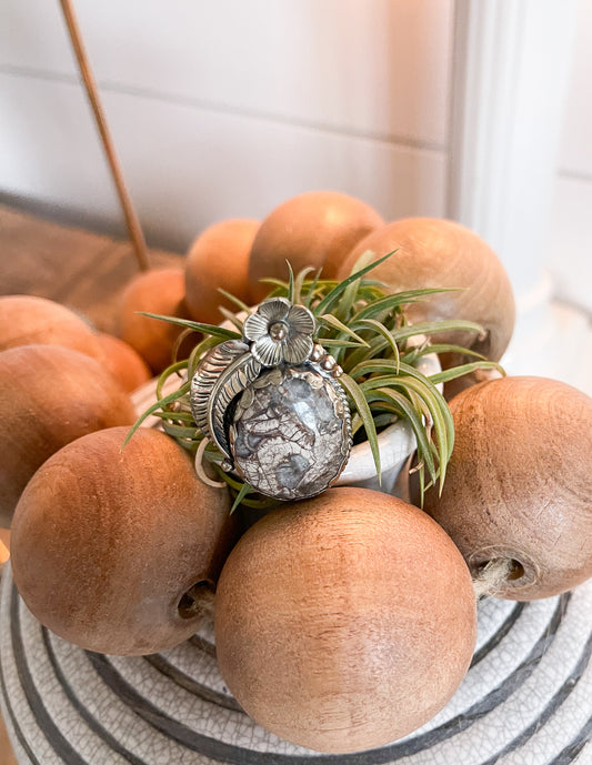 Fossilized Crinoid German Silver Ring - Adjustable in Size