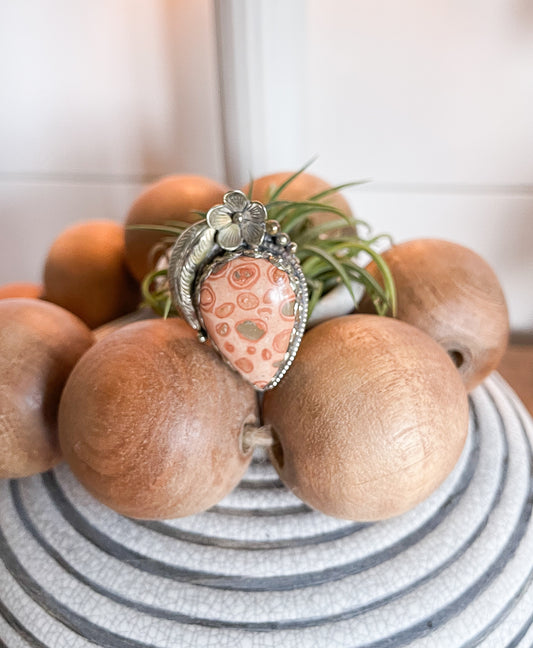 Agatized Coral German Silver RIng - adjustable in size