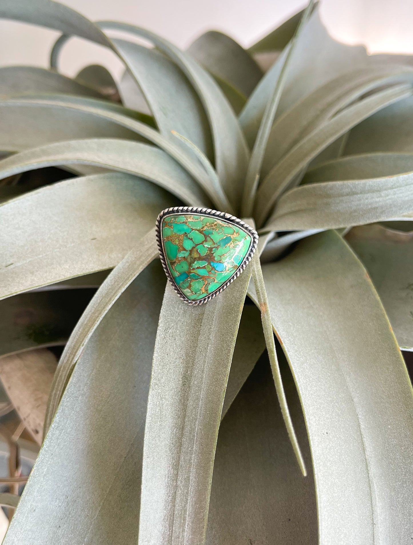 Triangle Green Copper Turquoise Sterling Silver Ring