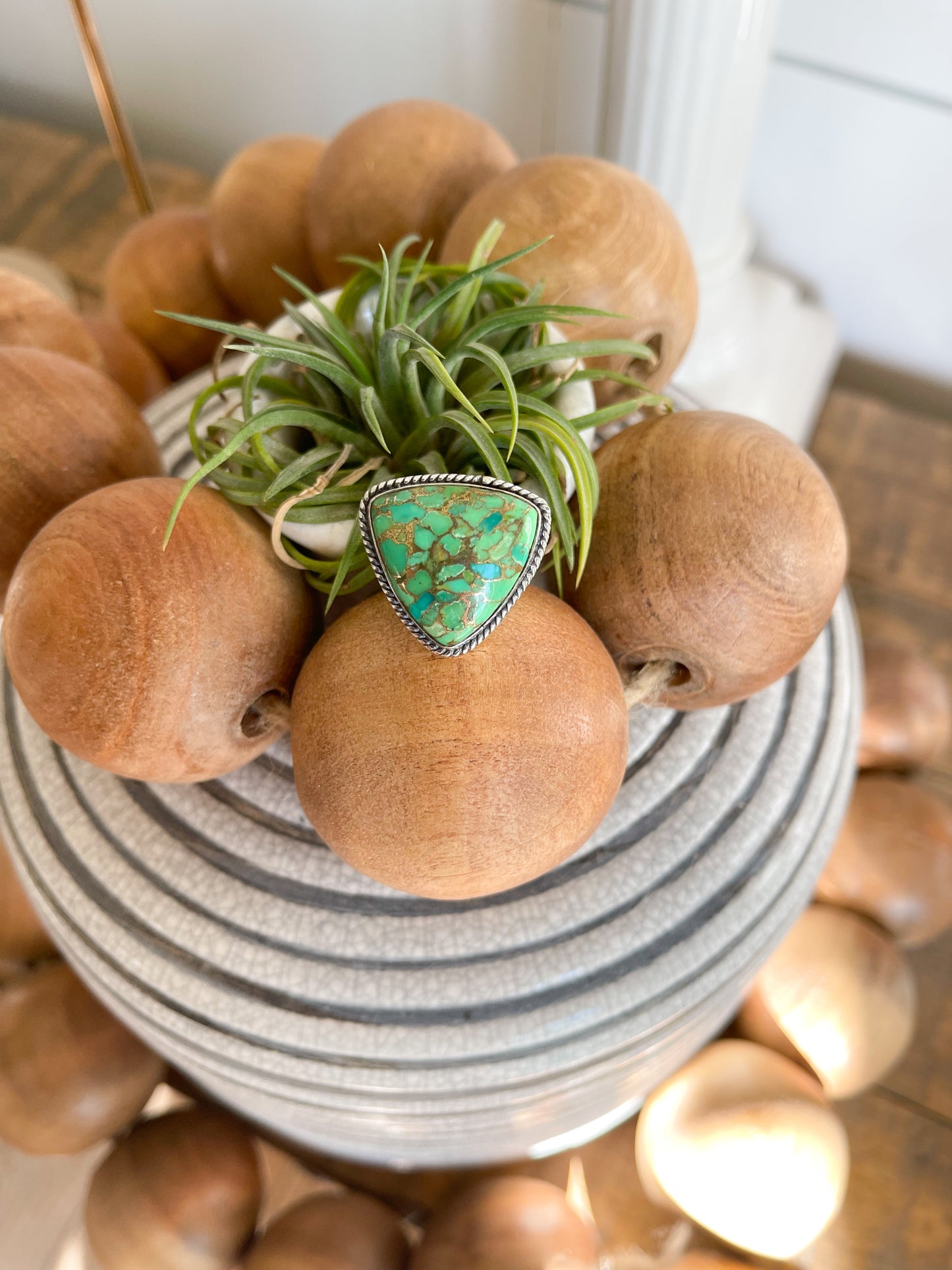 Triangle Green Copper Turquoise Sterling Silver Ring