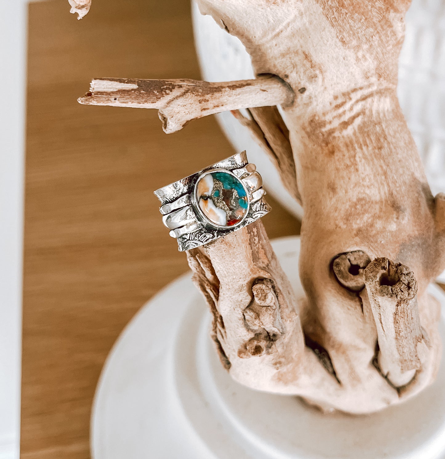 Oyster Turquoise Wide Band Sterling Silver Ring