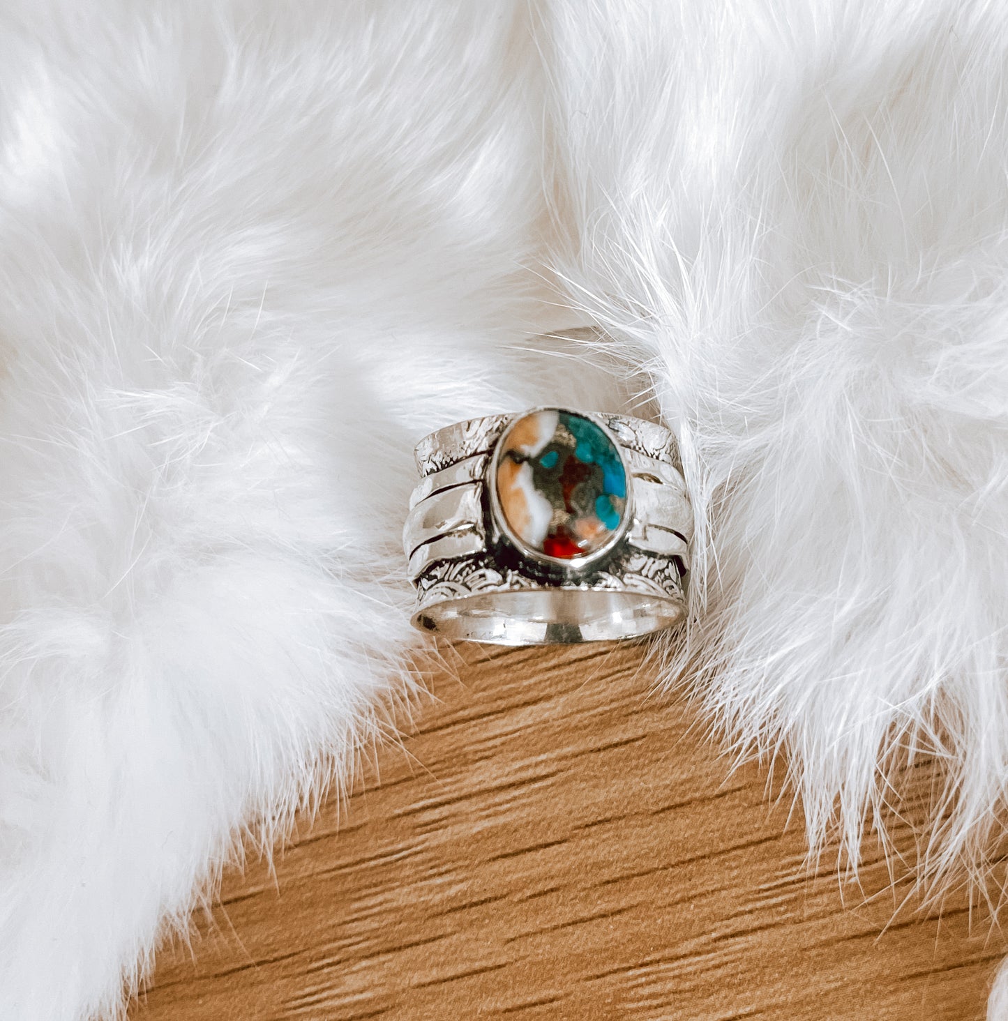 Oyster Turquoise Wide Band Sterling Silver Ring