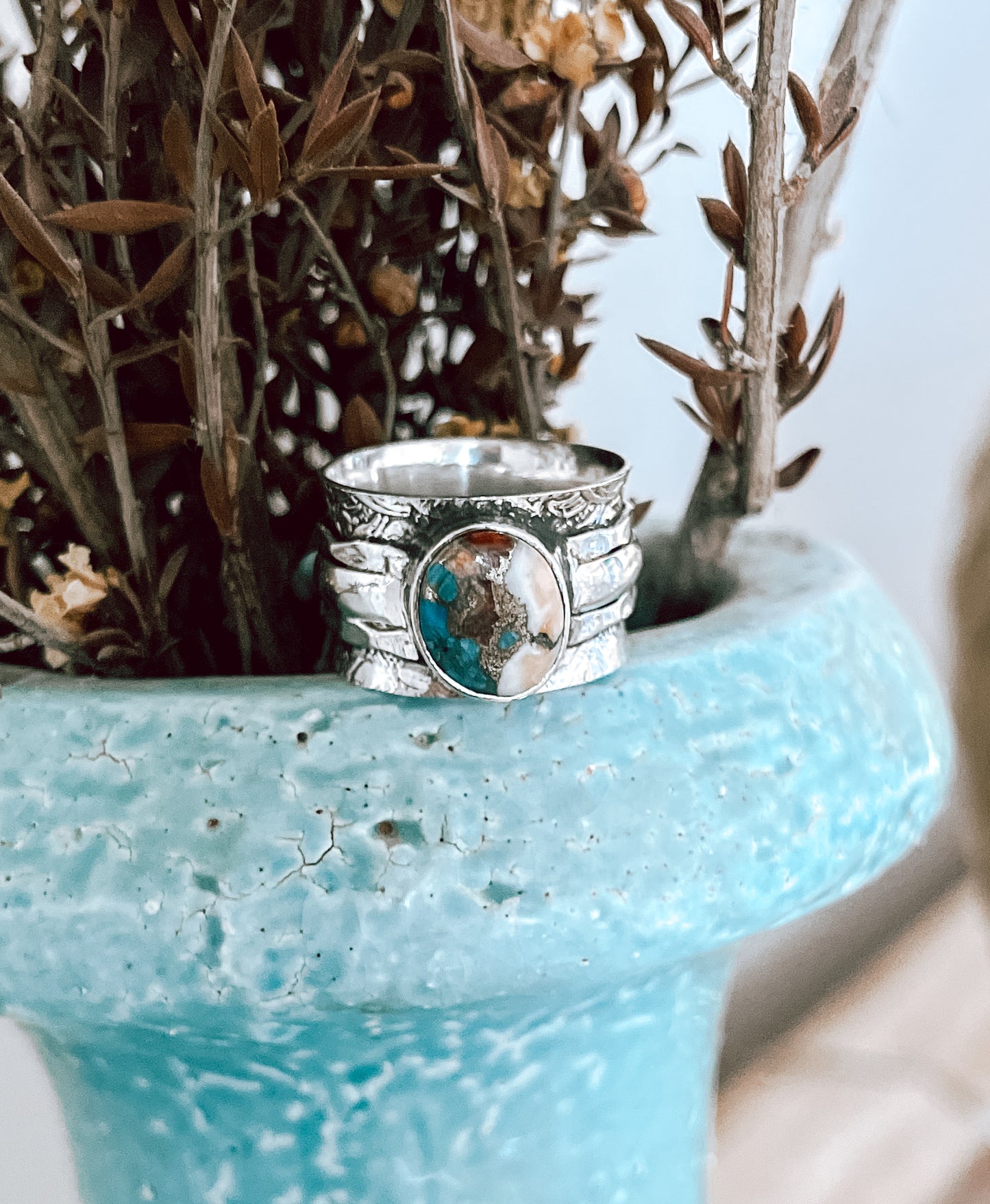Oyster Turquoise Wide Band Sterling Silver Ring