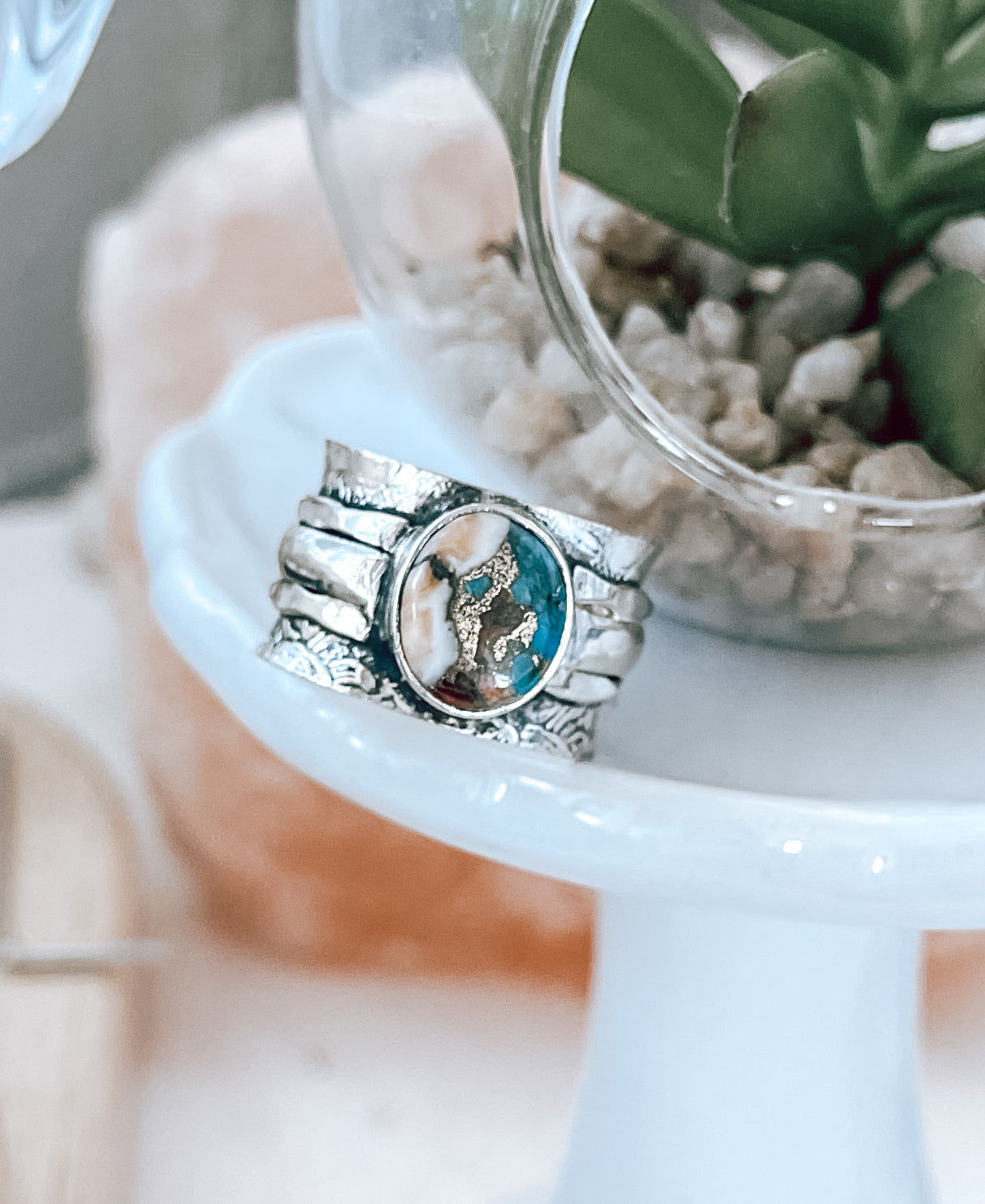 Oyster Turquoise Wide Band Sterling Silver Ring