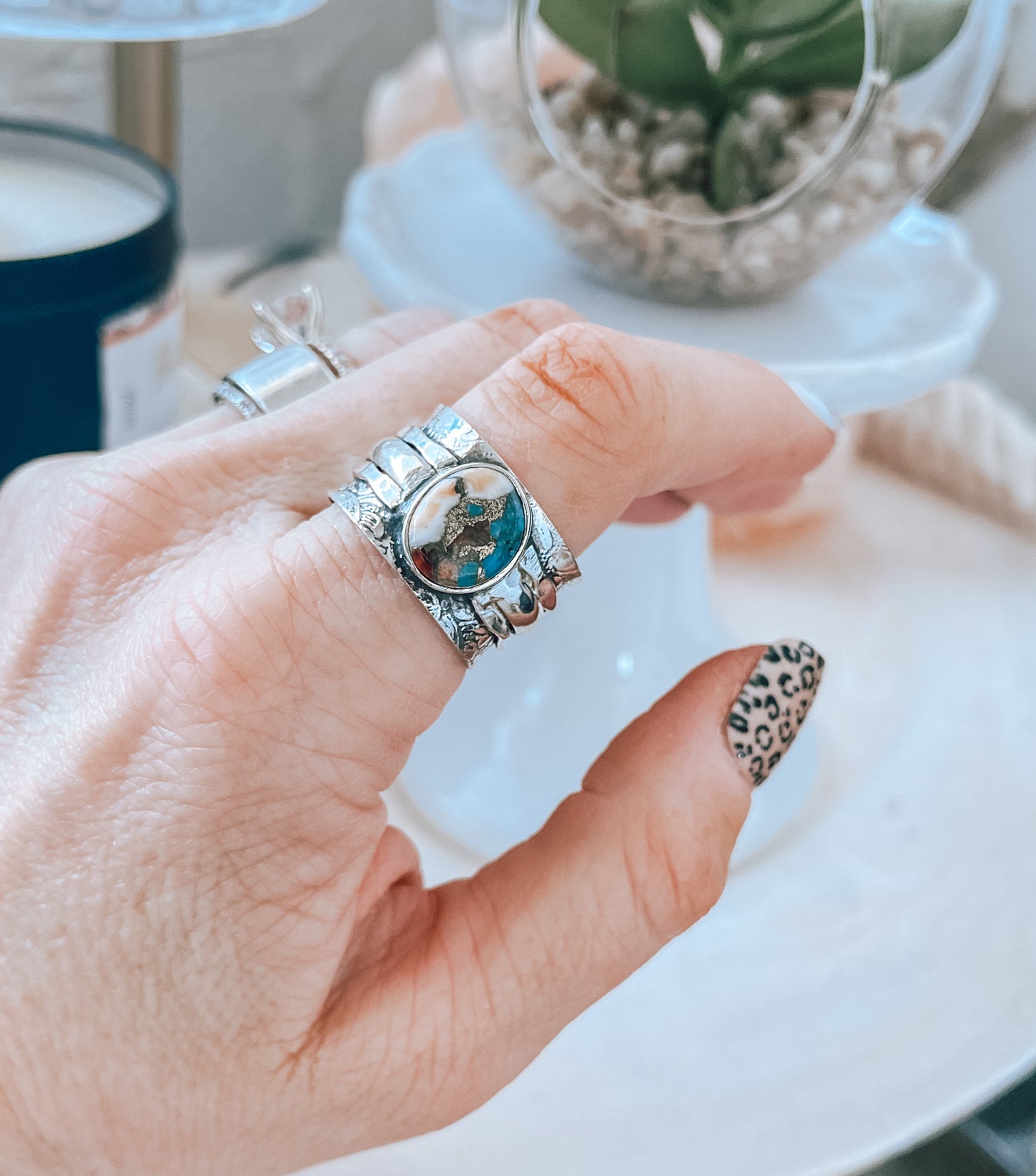 Oyster Turquoise Wide Band Sterling Silver Ring