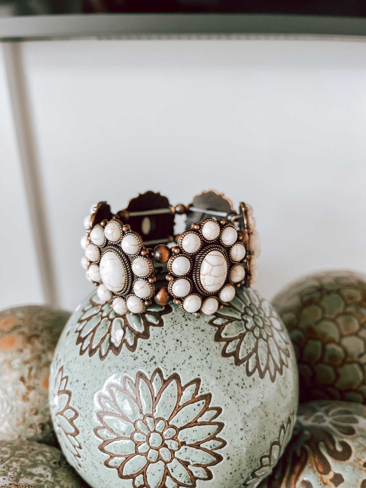 Copper White Turquoise beaded stretch bracelet