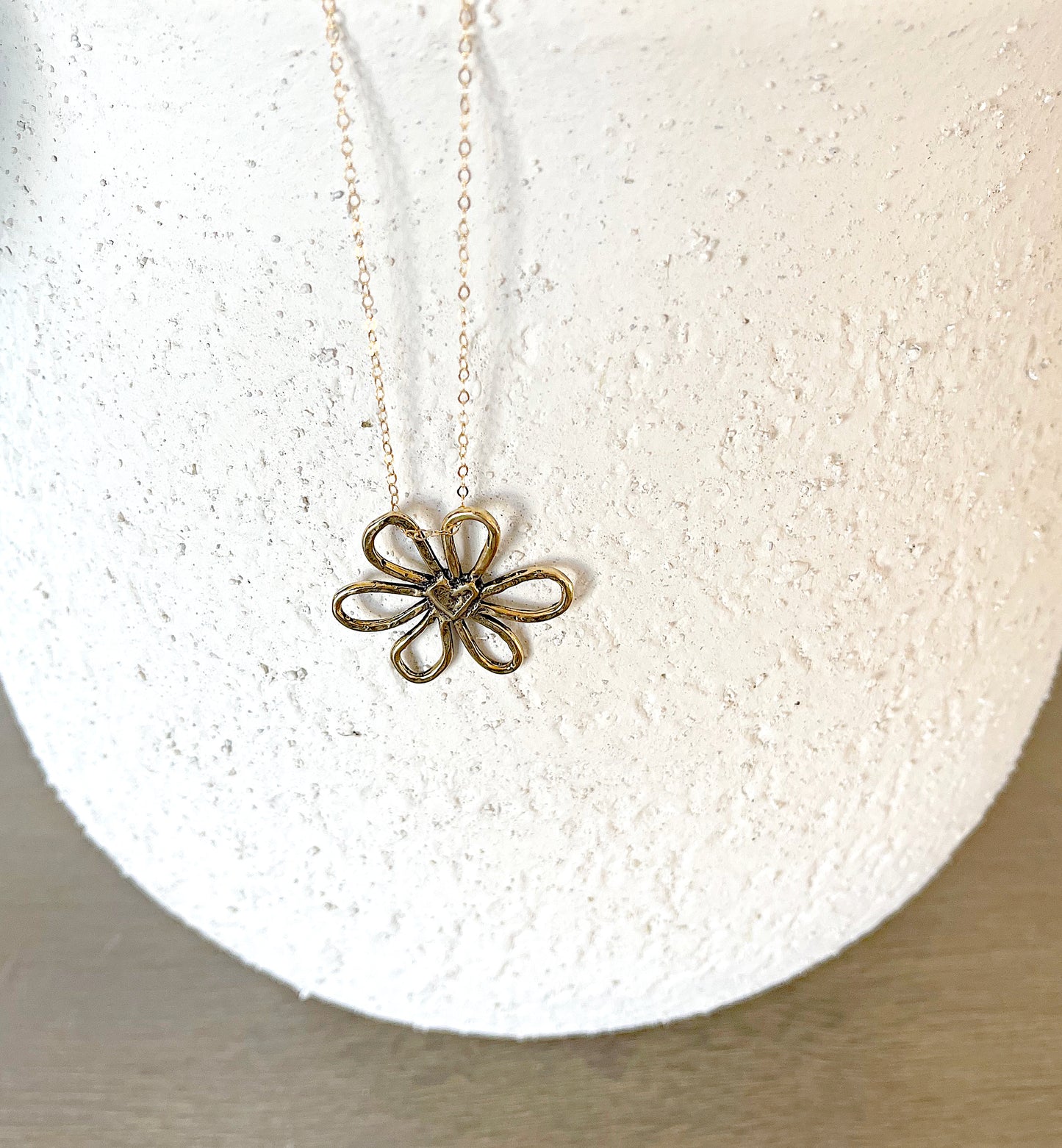 Large Bronze Flower Pendant with 14k Gold Filled Chain