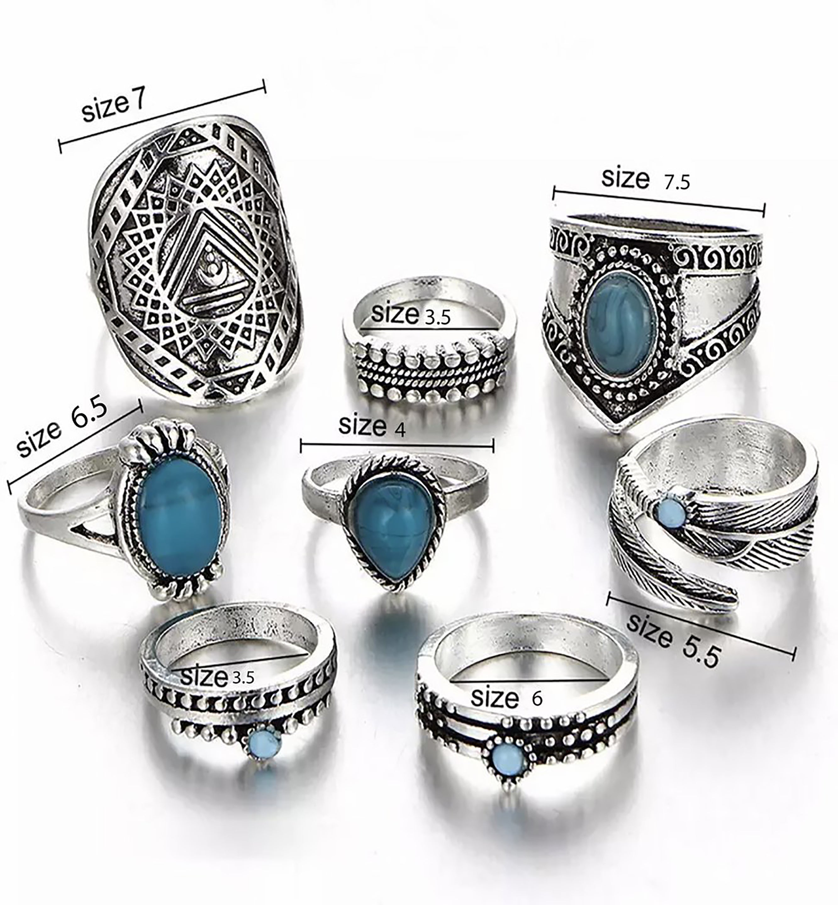 Turquoise Bohemian Ring Set - Set of 8