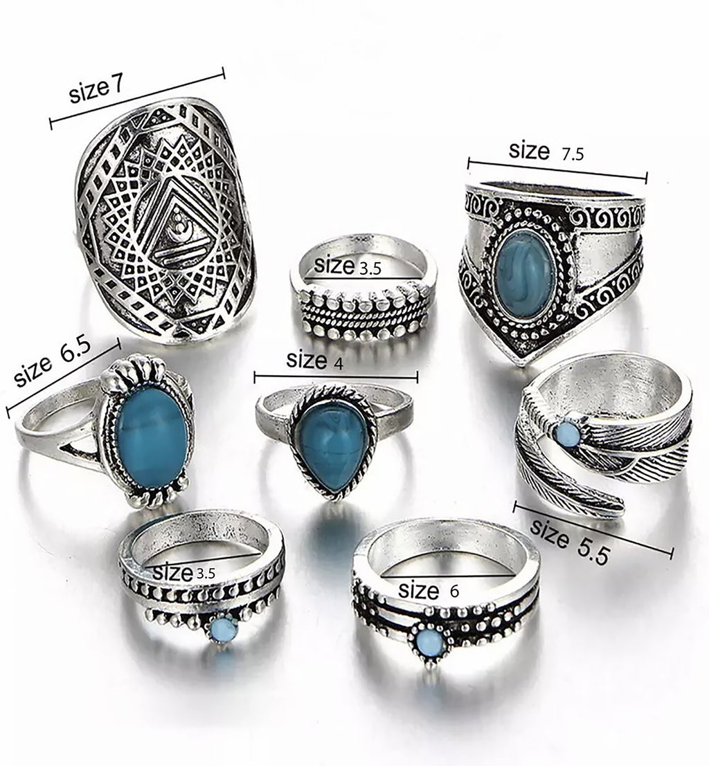 Turquoise Bohemian Ring Set - Set of 8