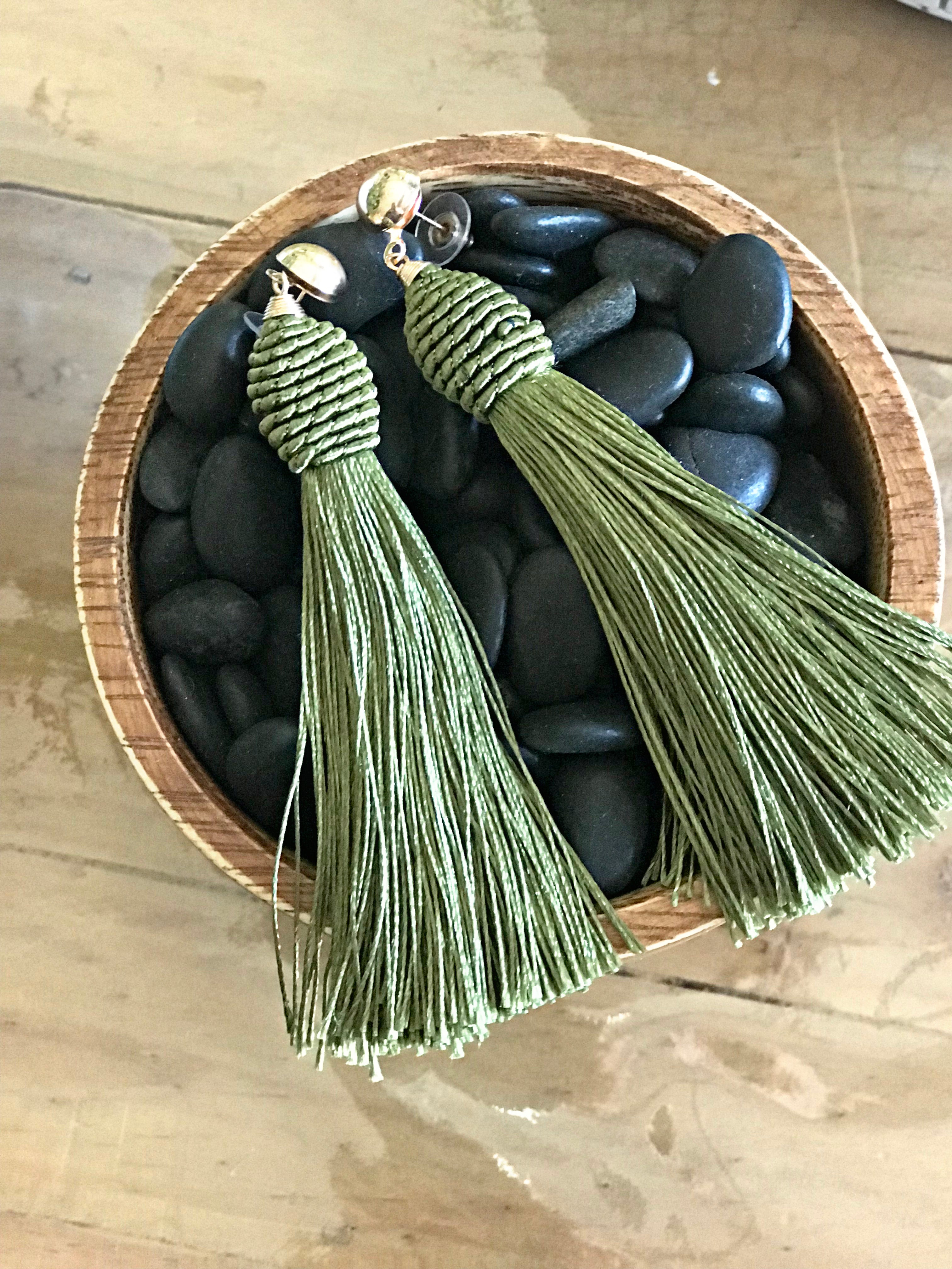 Green Boho Long Tassel Earrings