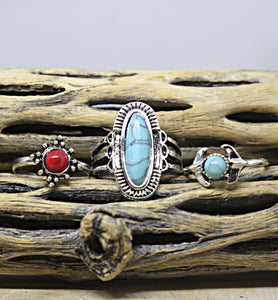 Turquoise/Red Stone Boho Rings - Set of 3