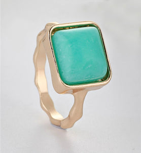 Natural Square Blue Green Stone/Gold Ring
