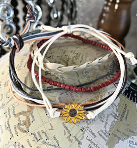 4 piece Retro Sunflower/Beaded Leather Woven Bracelets