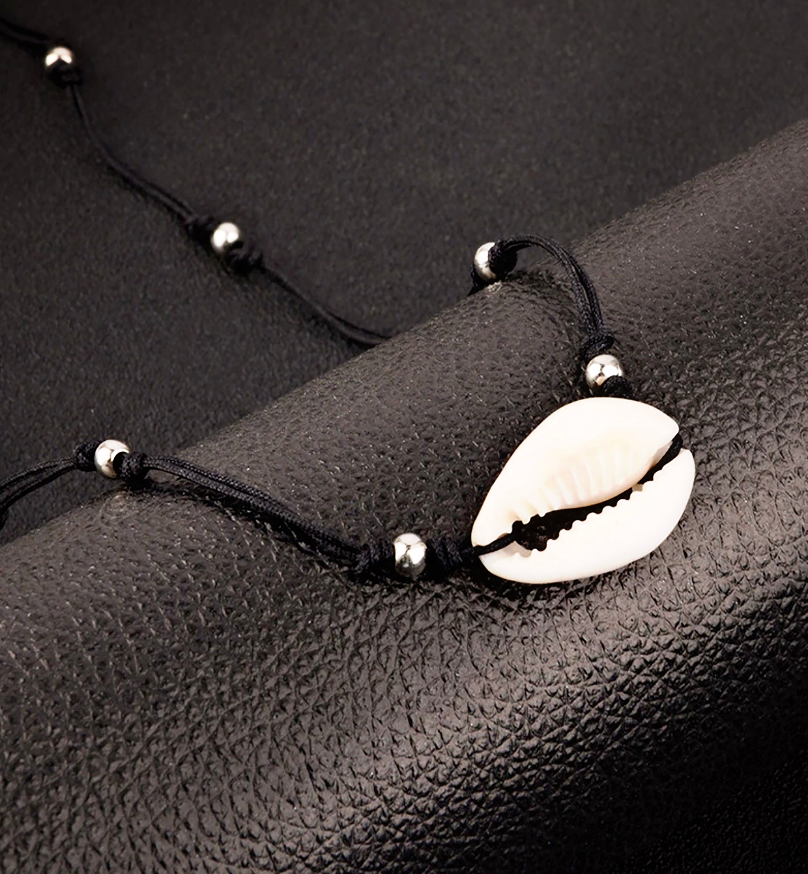 Simple Black Rope Silver Bead and Shell Necklace