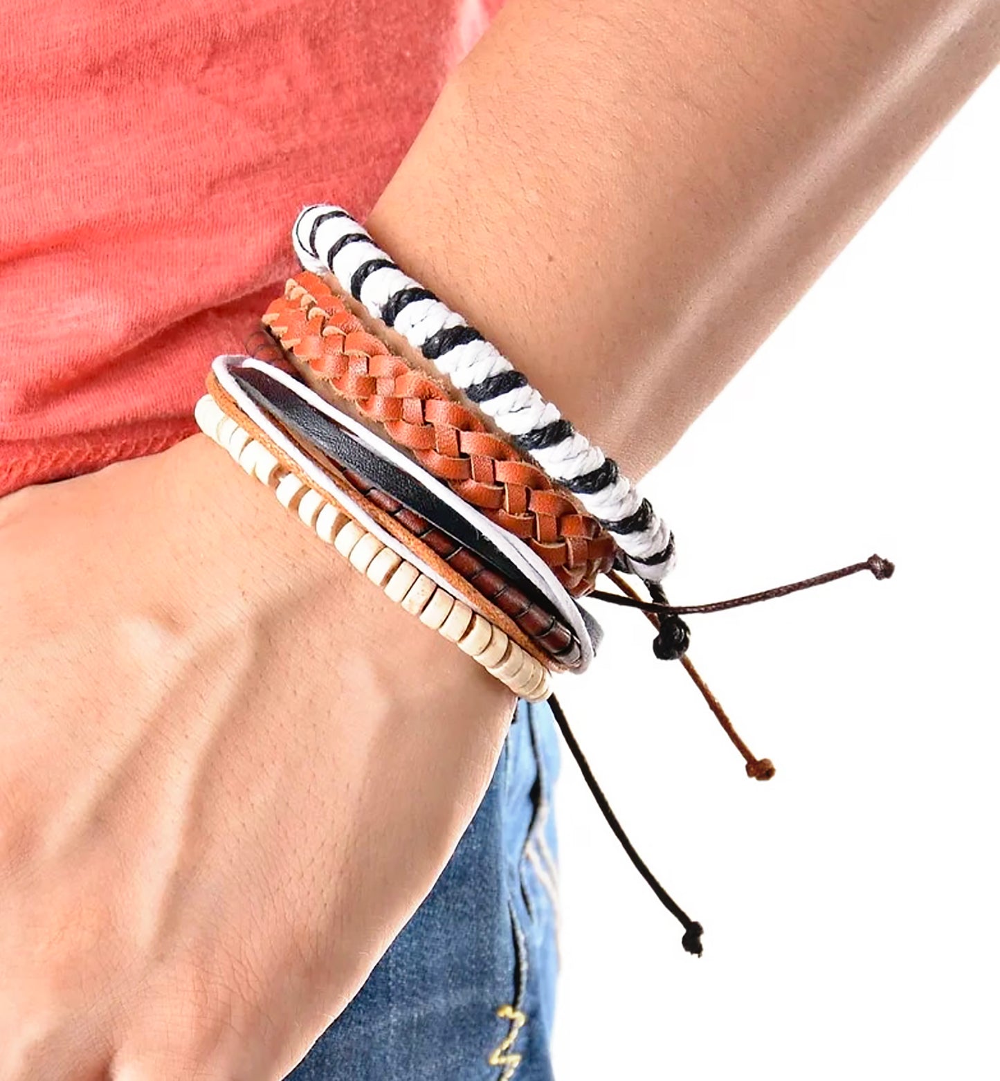 4 Piece Leather Beaded Bracelet Set